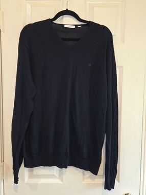 Merino Wool Calvin KleinV Neck Sweater XL Navy Blue Quiet Luxury Coastal Preppy